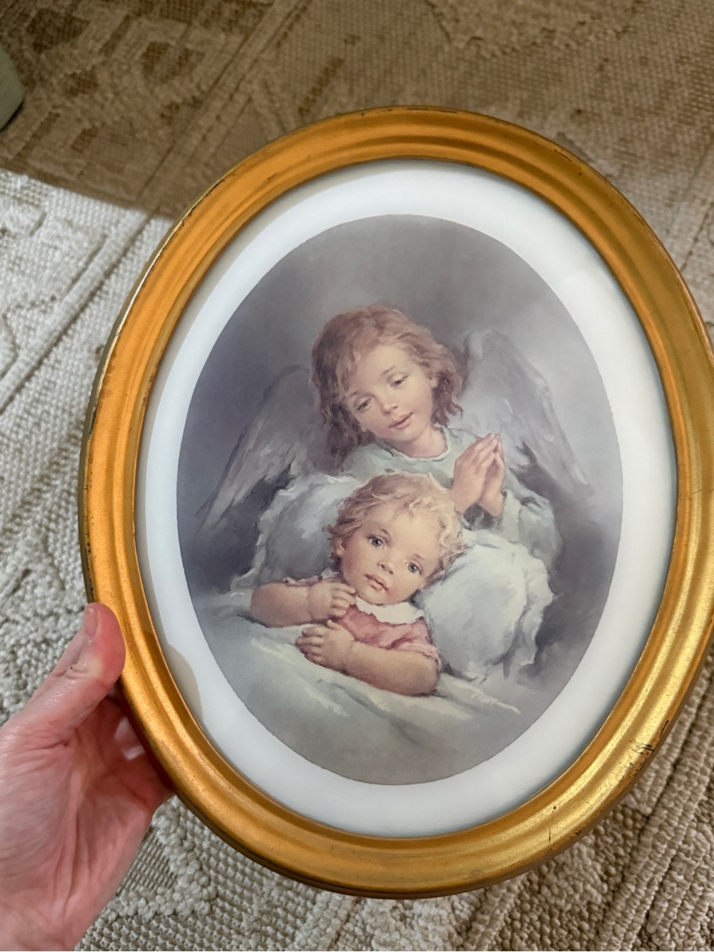 RARE Vintage  ITALIAN guardian Angel framed Print oval Gold Frame angels baby